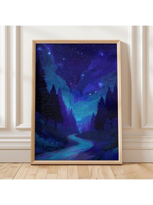 Ninastore Yıldızlı Gece Ormanı/ Parıldayan Nehir Duvar Sanatı/ Mavi Gökyüzü Manzarası Baskısı/ Büyülü Çam Ağaç