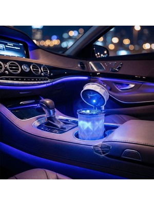 ŞüsCarOto Aksesuar Üniversal Kristal Pırlanta Taş Görünümlü Mavi LED Işıklı Lüx Oto Küllük Kapaklı Spor Araç Içi Küllük Araba Küllüğü Beyaz