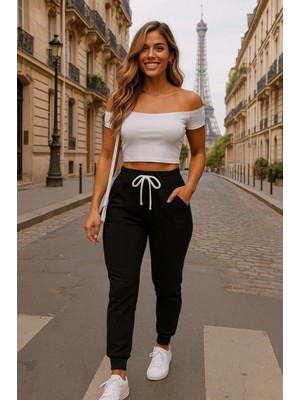 Marsilyan- Kadın Kısa Kollu Madonna Yaka Viskon Crop Bluz Cepli Iki Iplik Eşofman Takım