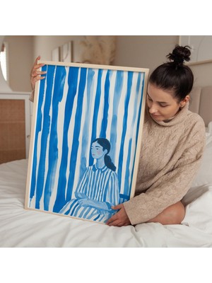 Ninastore Mavi Çizgili Kadın Portresi: Soyut Suluboya Sanatı (Dijital Indirme)