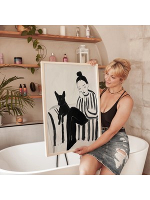 Ninastore Kadın ve Köpek Sanat Baskısı: Minimalist Siyah Beyaz Illüstrasyon (Dijital Indirme)