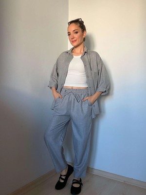 Ali Butik Gri Keten Gömlek Pantolon Takım