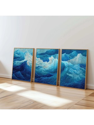 Ninastore Okyanus Dalgaları Duvar Sanatı 3'lü Set Mavi Deniz Dokusu Poster Modern Soyut Kıyı Üçlü Baskı Deniz