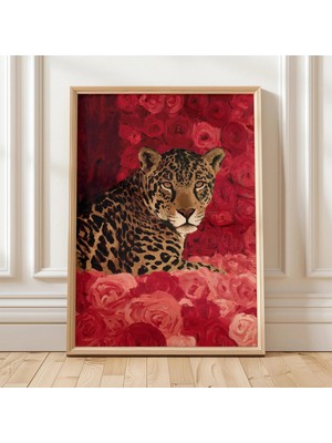 Ninastore Leopar Duvar Sanatı Kırmızı Gül Arka Plan Orman Kedisi Dijital Baskı Vahşi Hayvan Posteri Büyük Kedi