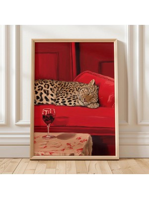Ninastore Leopar Şarap Sanatı Orman Kedisi Duvar Sanatı Kırmızı Kanepe Dijital Baskı Vahşi Hayvan Posteri Şara