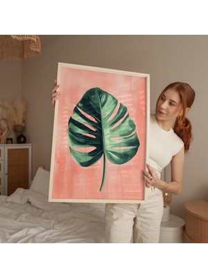 Ninastore Pembe Arka Plan Üzerinde Yeşil Monstera Yaprağı Duvar Sanatı, Modern Botanik Tablo, Tropikal Bitki B