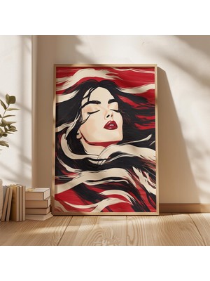 Ninastore Rüya Gibi Bir Kadın Portresi, Dalgalanan Saçlar, Kırmızı ve Siyah Modern Sanat Illüstrasyonu, Duygus