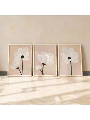 Ninastore Minimalist Çiçekli Duvar Sanatı Seti (3 Parça) Bej Botanik Çizgili Çiçek Baskıları Nötr Iskandinav E