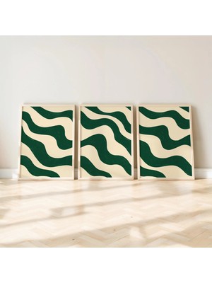 Ninastore Yeşil Soyut Duvar Sanatı Seti Minimalist Dalgalı Çizgi Baskı Modern Üçlü Poster Nötr Bej Arka Plan G