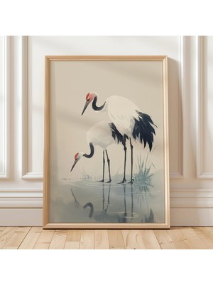 Ninastore Zarif Turna Duvar Sanatı Minimalist Japon Kuş Baskısı Sakin Su Yansıması Dekorasyonu Asya Esintili S