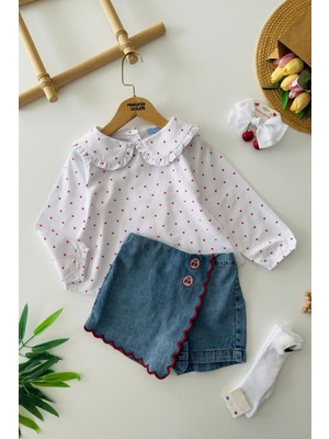 Miniğimin Cicileri Kalp Baskılı Gömlekli Kız Çocuk Kiraz Kot Şort Etekli Kız Çocuk 2 Li Takım - Beyaz