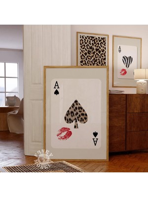 Ninastore Leopar Desenli Maça Ası/ Kırmızı Öpücük Dudak Oyun Kartı Posteri/ Retro Estetik/ Trend Duvar Sanatı/