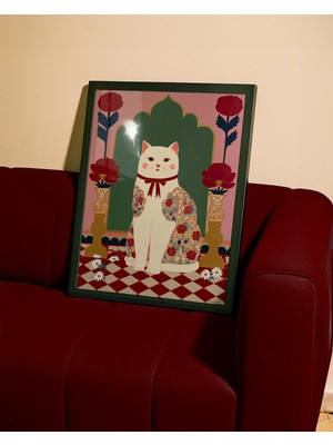 Ninastore Halk Sanatı Kedi Baskısı: Neşeli Çiçekli Poster / Pembe Boho Çocuk Odası Dekorasyonu / Kır Evi Tarzı