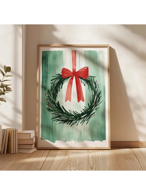 Ninastore Suluboya Noel Çelenk Baskısı: Kırmızı Kurdeleli Tatil Duvar Sanatı (Dijital Indirme)