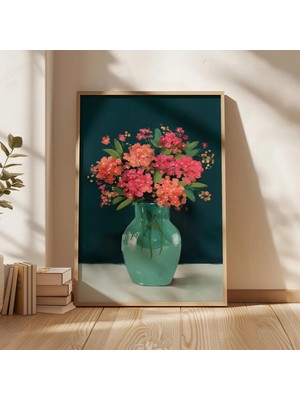 Ninastore Pembe ve Mercan Renkli Çiçeklerin Vazoda Yer Aldığı Modern Çiçekli Duvar Sanatı, Oturma Odası, Yatak