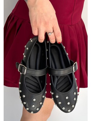 Hkursat Siyah Cilt Kemerli Kadın Babet Ayakkabı