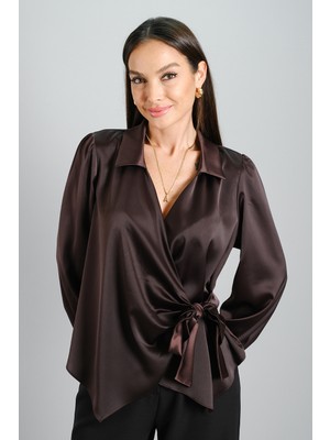 Sweetness Kadın Kahverengi Likralı Saten Kruvaze Yandan Bağlamalı Bluz
