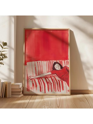 Ninastore Kırmızı Kanepe Sanat Baskısı: Minimalist Kadın Illüstrasyonu (Dijital Indirme)