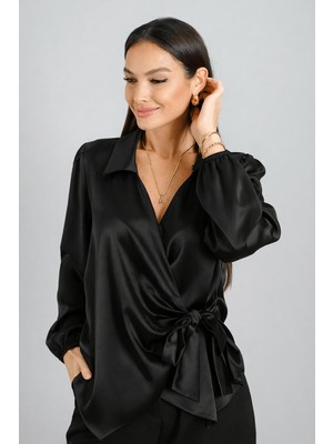 Sweetness Kadın Siyah Likralı Saten Kruvaze Yandan Bağlamalı Bluz