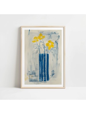 Ninastore Çiçekli Vazo Suluboya Sanat Baskısı: Elektrik Mavisi ve Sarı (Dijital Indirme)