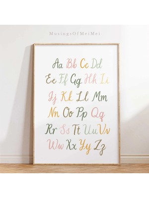 Ninastore Çocuk Odası Dekorasyonu Için Yumuşak Pastel Renklerde Alfabe Baskısı / El Yazısı Abc Posteri / Eğiti