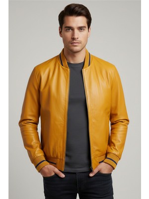 Deriderim Leo Sarı Beli ve Kolu Trikolu Fermuarlı Astarlı Erkek Hakiki Deri Mont