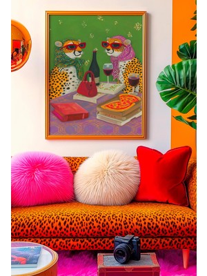 Ninastore Leopar Desenli Pizza Partisi Sanat Baskısı: Retro Şık Yemek Odası Duvar Dekoru
