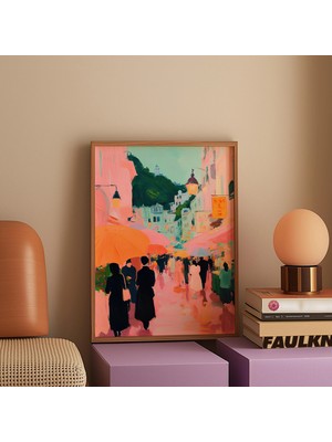 Ninastore Pastel Sokak Manzarası Sanat Baskısı / Şemsiyeli Insanlar (Dijital Indirme)