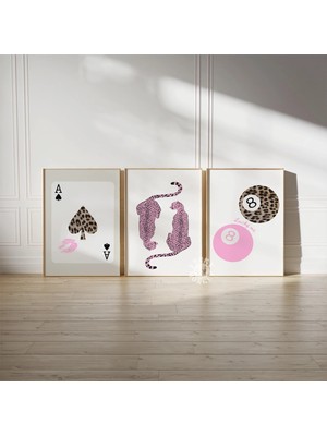 Ninastore Modaya Uygun Duvar Sanatı Baskı Seti / Pembe Leopar Poster Seti (3 Parça) / Retro 8 Top Dijital Bask