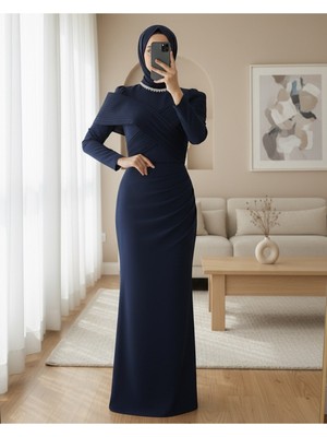 Modamorfo Yakası Taş Detaylı Omuzu Kat Drapeli Abiye -Laci