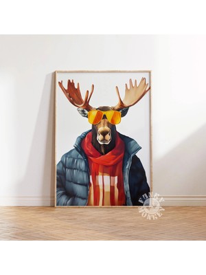 Ninastore Komik Geyik Kış Baskısı/ Noel Hayvan Duvar Sanatı/ Moda Hayvan Baskılı Sanat Eseri/ Komik Kış Kulübe