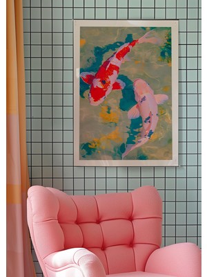 Ninastore Koi Balığı Posteri / Japon Sanat Baskısı / Kırmızı Duvar Dekoru