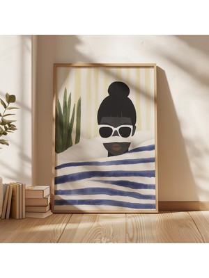 Ninastore Minimalist Kadın Portre Baskısı: Soyut Güneş Gözlüğü/mavi Çizgiler (Dijital Indirme)