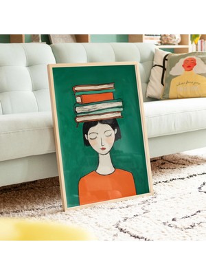 Ninastore Zümrüt Yeşili Kitap Okuyan Kadın Sanat Baskısı: Minimalist Kitap Illüstrasyonu (Dijital Indirme)