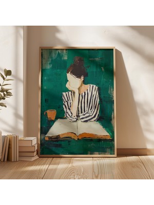 Ninastore Dijital Duvar Sanatı: Kahve ve Kitap Tutan Kadın - Yazdırılabilir Indirilebilir Dosya