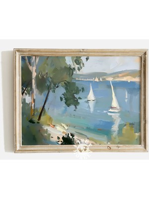 Ninastore Sahil Temalı Baskı / Soyut Yaz Plajı Tablosu / Yelkenli Duvar Sanatı / Deniz Manzarası Baskısı / Şık