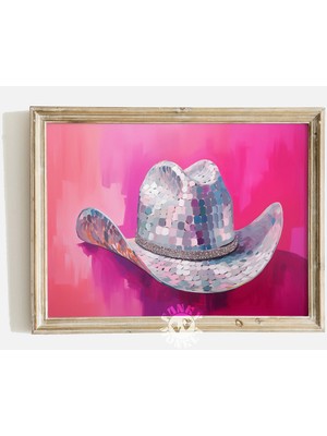 Ninastore Eğlenceli Disko Kovboy Şapkası Baskısı/ Maksimalist Dekor/ Trendi Tablo/ Dopamin Estetiği/ Pembe Şık