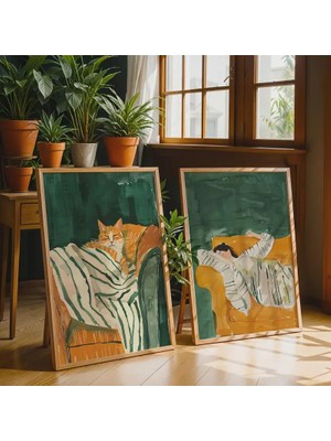 Ninastore Uyuyan Kedi ve Kadın Baskı Seti: Modern Minimalist Duvar Sanatı (Dijital Indirme)
