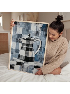 Ninastore Kareli Çaydanlık Sanat Baskısı: Geometrik Mutfak Dekorasyonu (Dijital Indirme)