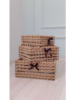 Feyza Design Hasır 3'lü Köşeli Sepet Seti Meyve, Ekmek, Patates ve Soğan Organizer