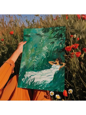 Ninastore Çayırda Bitkisel Kadın Sanat Baskısı: Rüya Gibi Yeşil Dekor (Dijital Indirme)