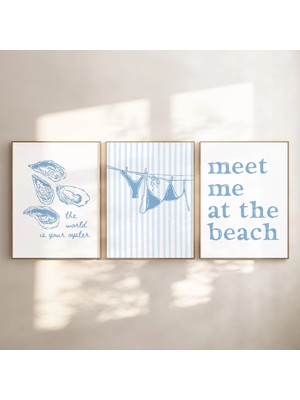 Ninastore Mavi Plaj Temalı Duvar Sanatı / Sahil Baskılı 3'lü Dijital Baskı Seti / Bikini Baskısı / Sevimli Yaz