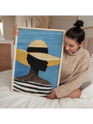Ninastore Sarı Şapkalı Kadın Sanat Baskısı: Mavi Altın Soyut/modern Figüratif (Dijital Indirme)