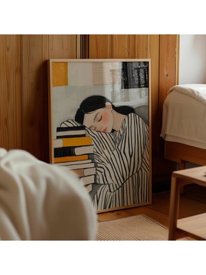 Ninastore Uykulu Kız Kitap Okuyor Sanat Baskısı: Minimalist Çalışma Odası Dekorasyonu (Dijital Indirme)