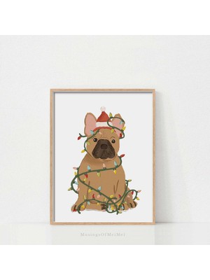 Ninastore Fransız Bulldog Noel Temalı Baskılı Duvar Sanatı / Şenlikli Köpek Illüstrasyonu / Tatil Ev Dekorasyo