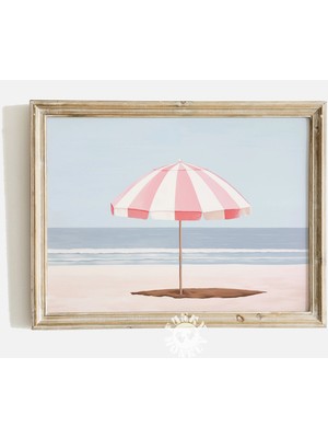 Ninastore Retro Plaj Şemsiyesi Baskısı/ Kız Çocuk Odası Estetiği/ Pembe Çizgili Şemsiye Tablosu/ Plaj Temalı Ç