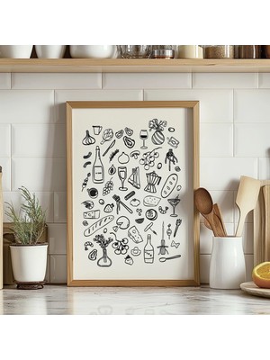 Ninastore Retro Yiyecek ve Içecek Illüstrasyon Posteri/ Yemek Masası Baskısı/ Bar Arabası Baskısı/ Estetik Mut