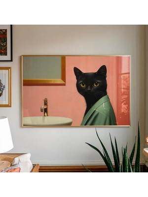 Ninastore Sıradışı Siyah Kedi Banyo Baskısı: Pembe Fayans Üzerindeki Komik Kedi (Dijital Indirme)
