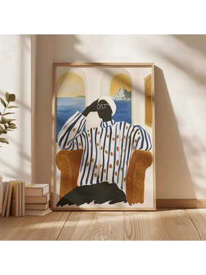 Ninastore Akdeniz Kıyısı Portre Sanat Baskısı: Mavi ve Altın Deniz Kenarı Dekorasyonu (Dijital Indirme)