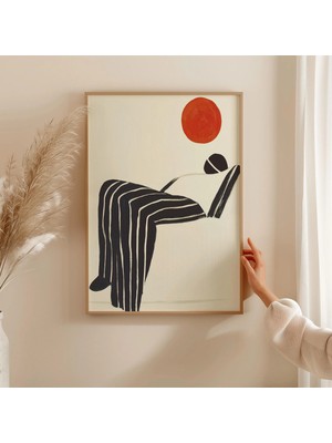 Ninastore Minimalist Soyut Figür Baskısı: Kırmızı Güneş/ Siyah Beyaz Çizgi Sanatı (Dijital Indirme)